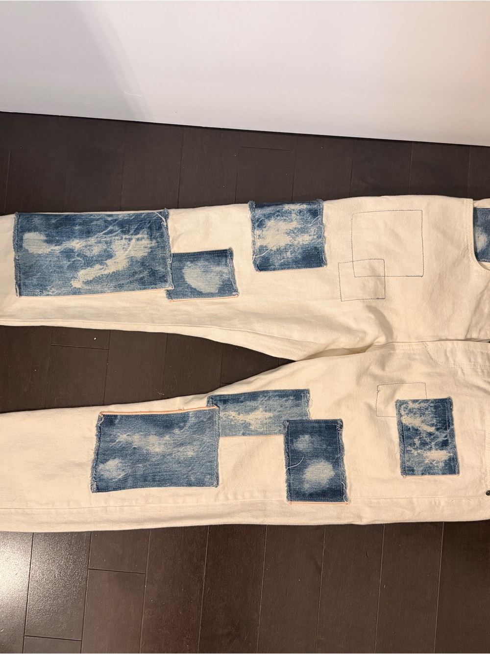 Cream Straight Jeans with Blue Patchwork Panels